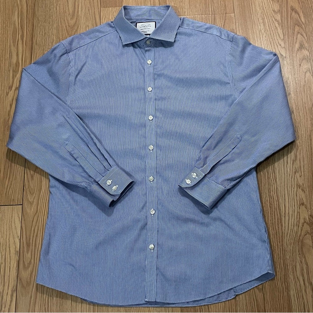 Charles Tyrwhitt Men’s 17.5x34 Long Sleeve Button Up Shirt Blue Gingham Slim Fit